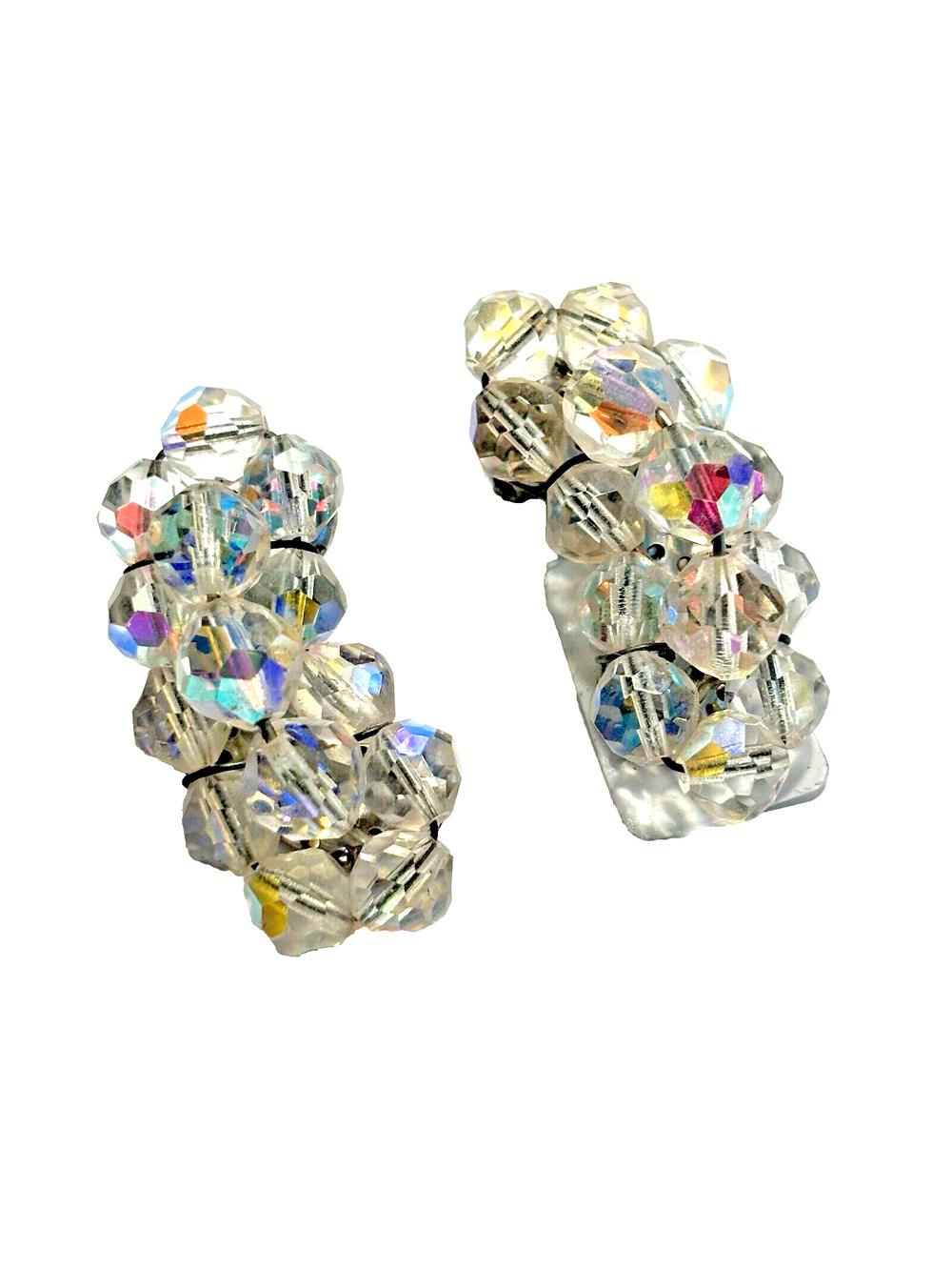 Vintage Mid Century Clear Crystal Clip On Earrings Silvertone Crescents Glam